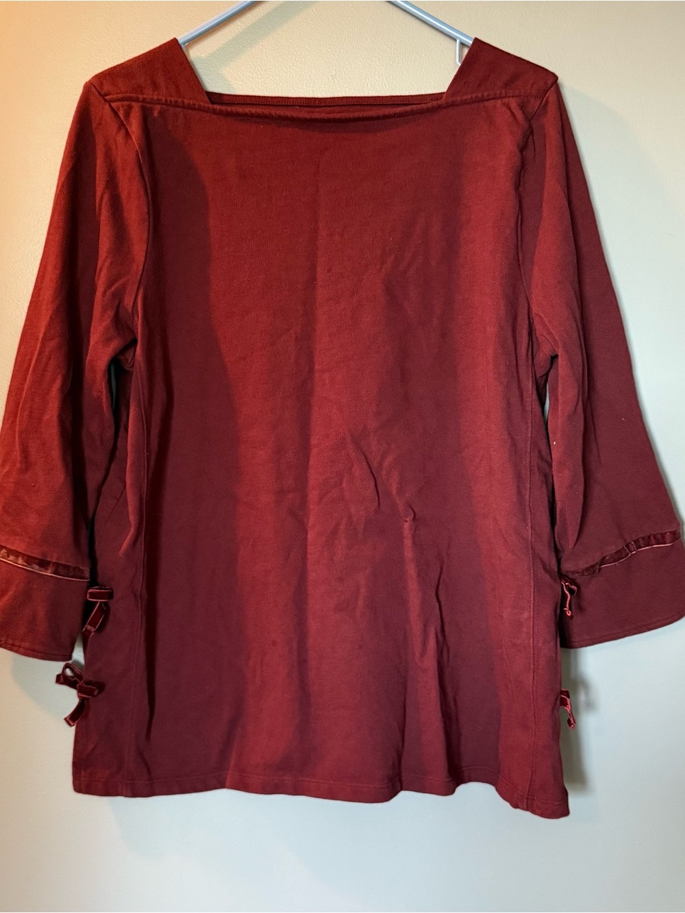 Talbots Maroon Velvet Bow Cuff Square Neck Cotton 3/4 Sleeve Top Womens Sz L